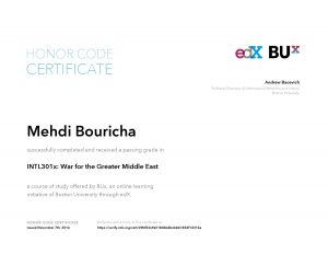 Verify Certificate online : BUx Boston University - INTL301x War for the Greater Middle East