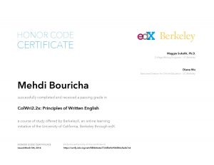 Verify Certificate online : BerkeleyX University of California Berkeley ColWri2.2x Part 2 Principles of Written English
