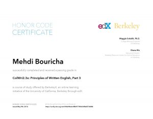 Verify Certificate online : <a href="https://verify.edx.org/cert/094d98cdc0f8497789e5498af373bfb8">BerkeleyX University of California Berkeley ColWri2.3x Part 3 Principles of Written English</a>