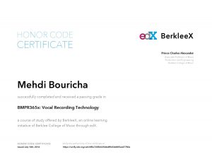 Verify Certificate online : BerkleeX Berklee College of Music - Vocal Recording Technology