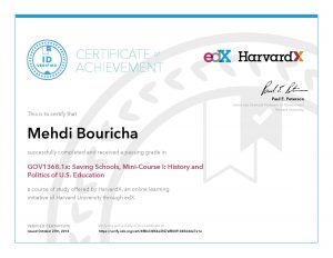 Verify Certificate online : HarvardX Harvard University - GOV1368.1x Saving Schools, Mini-Course History and Politics of U.S. Education