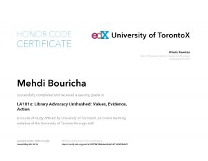Verify Certificate online : TorontoX University of Toronto - Library Advocacy Unshushed Values, Evidence, Action